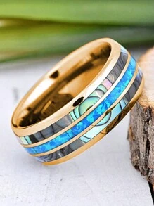 1pc Fashion 8mm Rose Gold Color Men Stainless Steel Wedding Rings Inlay Abalone Shell And Blue Opal Rings For Men Wedding Band Jewelry - Multicolor - View 3