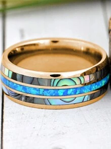 1pc Fashion 8mm Rose Gold Color Men Stainless Steel Wedding Rings Inlay Abalone Shell And Blue Opal Rings For Men Wedding Band Jewelry - Multicolor - View 4