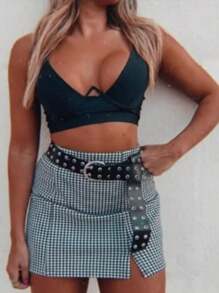 Pied Poule Skirt Fitted Mini Skirt With Slit On The Side - 黑與白 - 查看 1