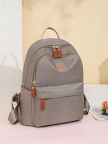 Ladies' Plain Color High Capacity Backpack, Simple Casual Student Backpack For Travel And Storage - Khaki - View 6