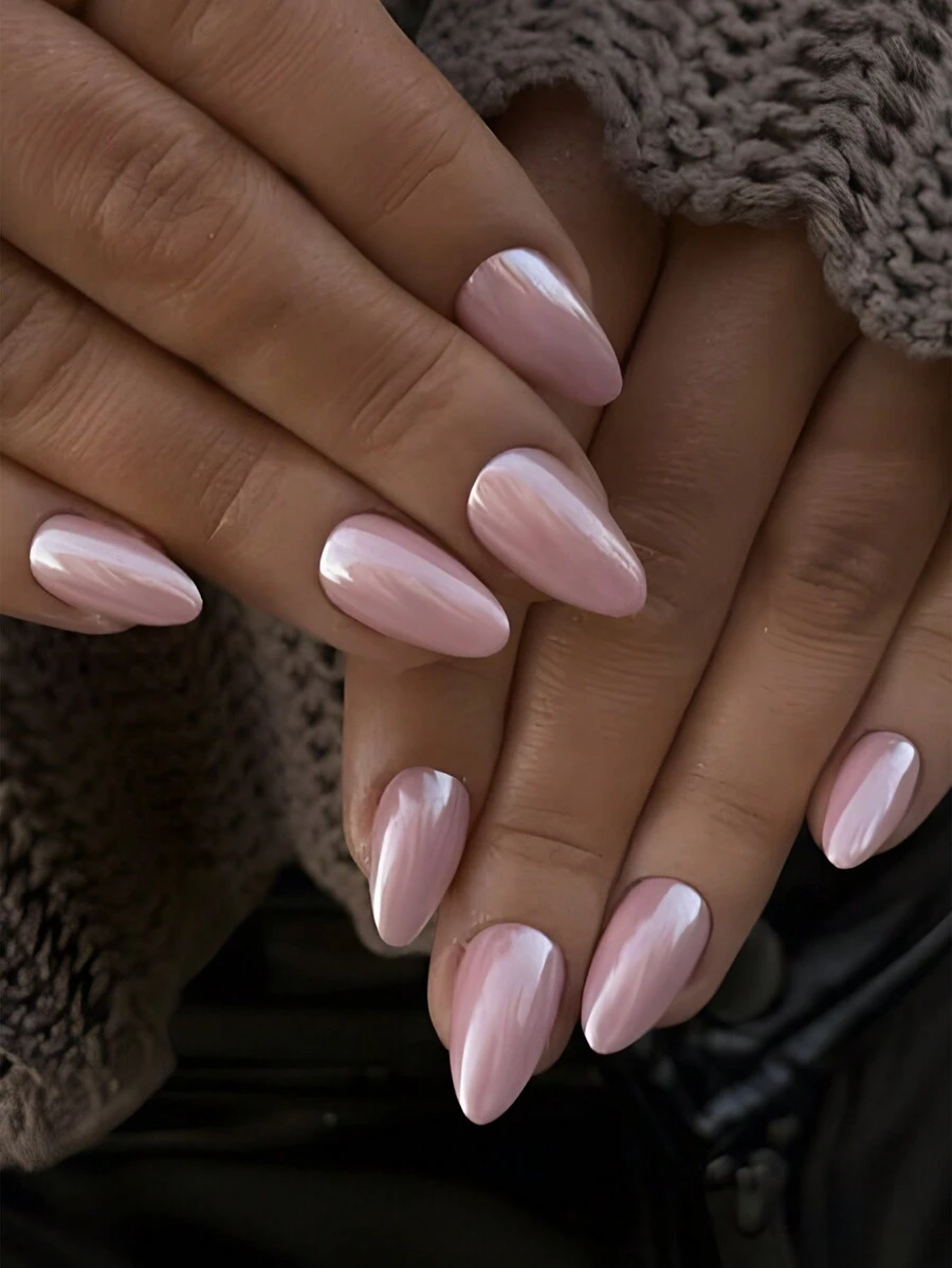 24入組粉紅色龐克金屬鏡面擠壓式美甲,中長度杏仁形鏡面假指甲,全面覆蓋式丙烯酸擠壓式美甲貼士,附膠帶,適用於女性和女孩 - 彩色 - 查看 1