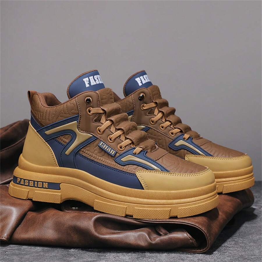 2023年秋冬男士新款切爾西靴,英倫風格,高頂,厚底,時尚休閒,保護踝靴 - 卡其色 - 查看 1