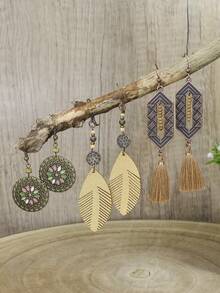 HANQI 3pairs/Set Bohemian & Vintage Style Geometric Shape Alloy Handmade Weaving Tassel Earrings Combination For Women, Suitable For Daily Life, Work, Street Shooting And Photography To Show Unique Elegant - Multicolor - View 11