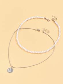 2入組庚風格和指南針吊墜假珍珠層疊男士項鍊，男女適用 - 彩色 - 查看 6