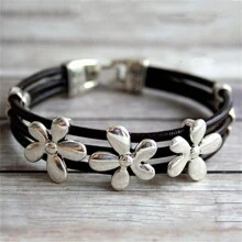 Bohemian Style Floral Pattern Leather Rope Bracelet, New Creative Party Gift For Women In Europe And America - Silver - View 1
