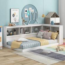 Twin Size Wood Daybed Frames for Kids, Wood Floor Bed with Storage Cabinets and USB Ports, Floor Bed for Girls Boys, No Box Spring Required - White - View 1