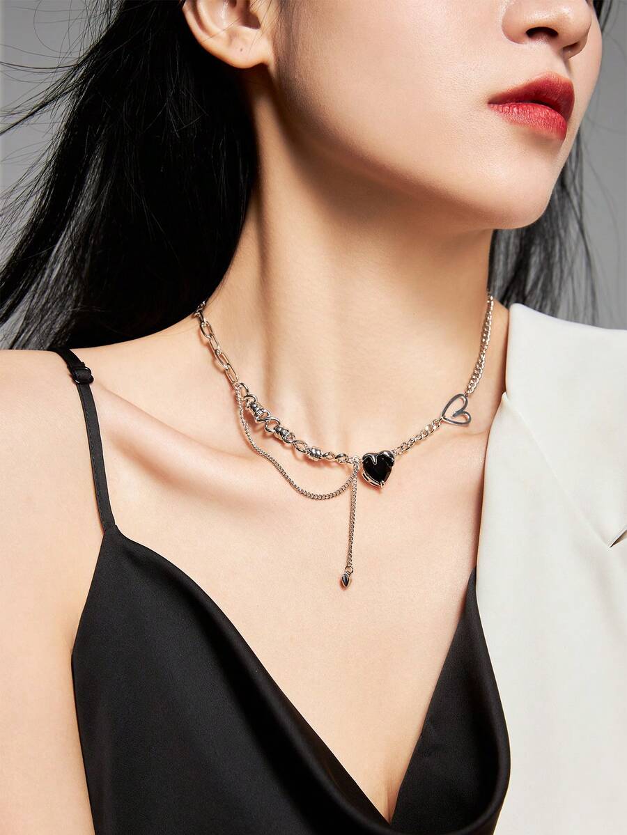Nooxian 1 件时尚简约心形铜锆石不对称项链，女士小众高端项链 - 彩色 - 查看 1