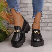 秋季女性增高厚底鞋,黑色乾邑皮質休閒或精緻外觀露腳鞋 - 黑色 - 查看 5