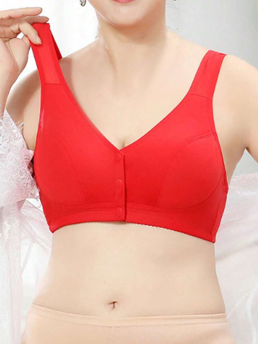 Front Closure V-neck Daily Bra - Red - View 1