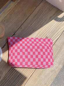 1pc Pink Large Capacity Cosmetic Bag & Coin Purse & Knit Checkerboard Pattern Women'S Handheld Clutch For Daily Use Women Gifts Girl Gifts Girlfriend Gifts - Pink - View 4