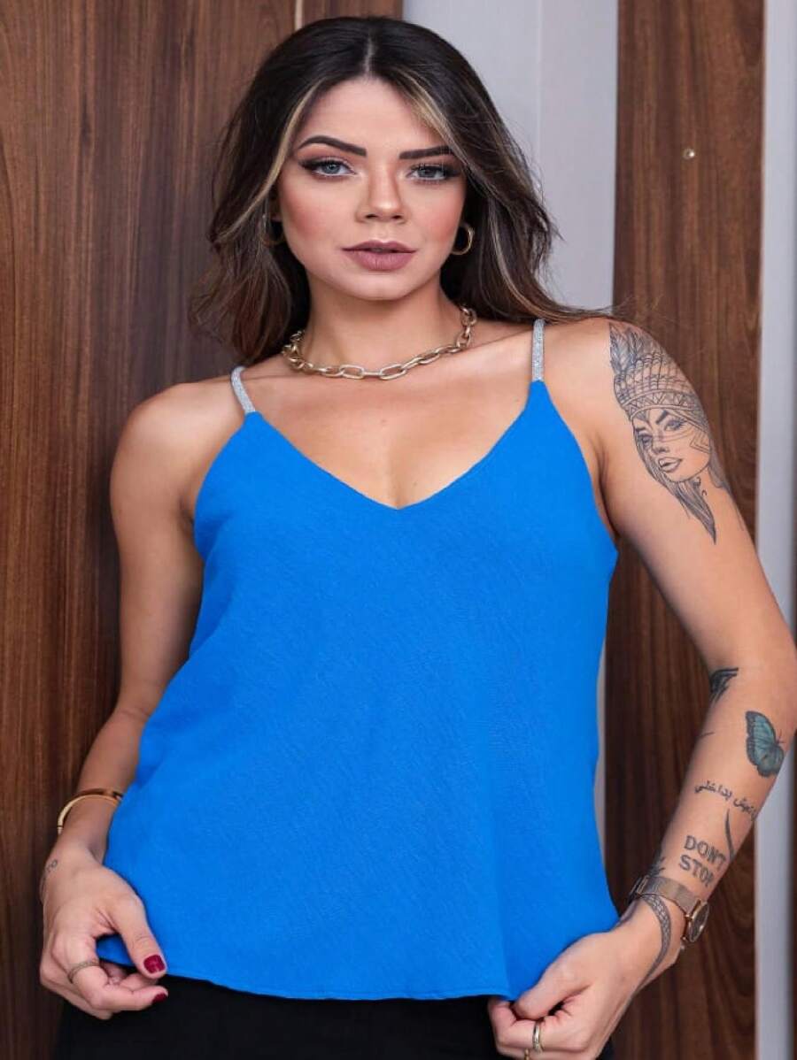 Blusa de Alcinha com Brilho - Azul - Visão 1