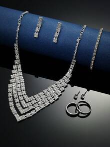 8入組銀色高貴的鑽石和寶石點綴的婚禮珠寶套裝,包括項鍊,手鍊,耳環和戒指,完美適用於婚禮和派對皇室風格