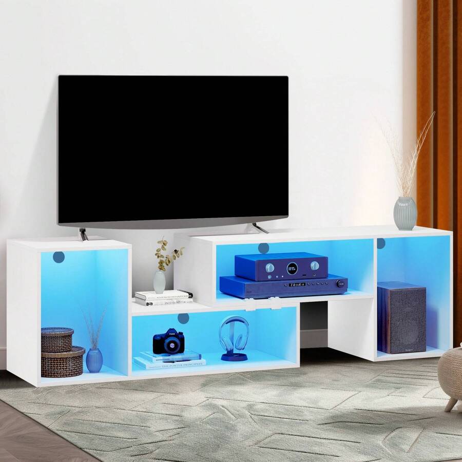 Modern Double L Shaped TV Stand Entertainment Center With LED Lights For 65/70/75 Inch TV, Deformable TV Consoles With Open Storage For Living Room, White - White - View 1