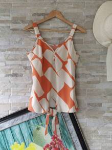 新款寬鬆女士無袖上衣,帶寬勾紋印花 - 橘色 - 查看 3