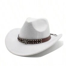 新款復古羊毛西部牛仔帽,男女通用寬邊牛仔帽,帶皮革軟墨西哥草帽 - 白色 - 查看 1