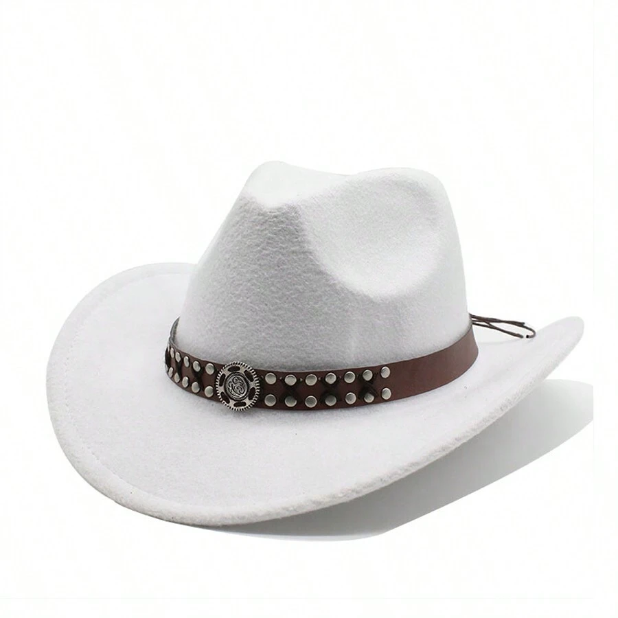 新款復古羊毛西部牛仔帽,男女通用寬邊牛仔帽,帶皮革軟墨西哥草帽 - 白色 - 查看 1