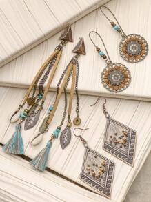 HANQI 3pairs/Set Bohemian & Vintage Style Geometric Shape Alloy Handmade Weaving Tassel Earrings Combination For Women, Suitable For Daily Life, Work, Street Shooting And Photography To Show Unique Elegant - Multicolor - View 2