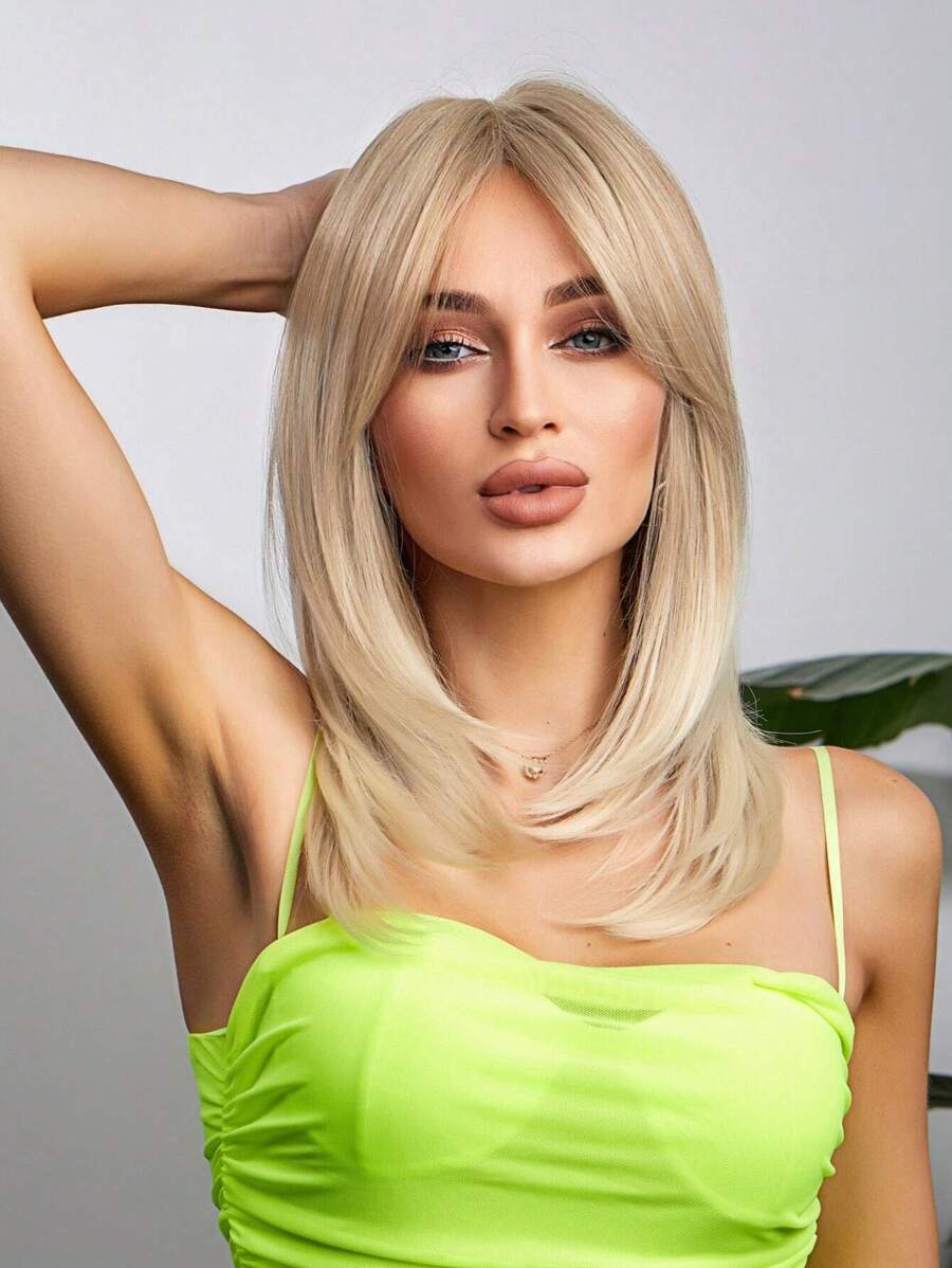 Blond Mid-Length Straight Hair Wig With Fringe Synthetic Wig For Women Chic All Matched With Heat-Resistant Natural Hair For Everyday Cosplay Party - 金色 - 查看 1