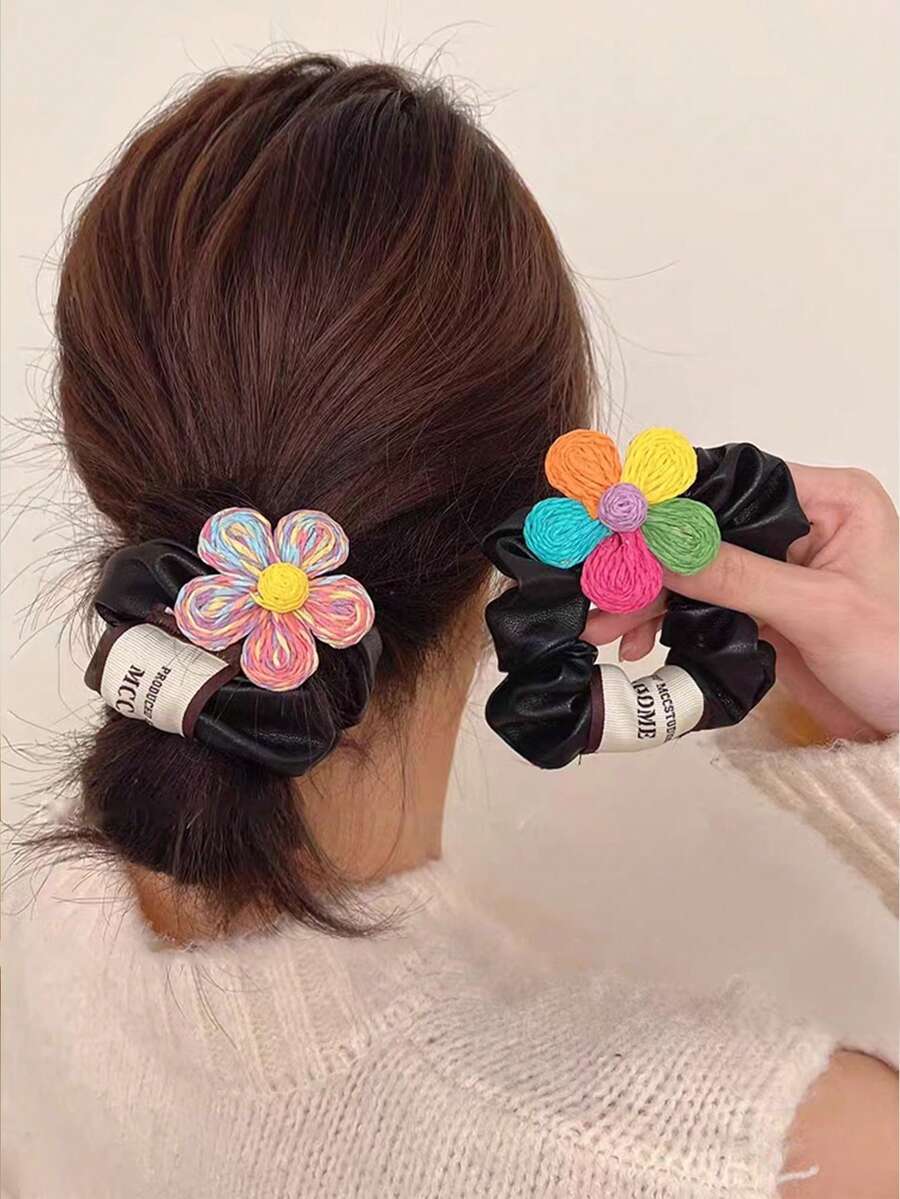 1 Dây buộc tóc bản rộng bằng da PU nhiều màu bện hoa ngọt ngào cá tính dành cho nữ để đeo hàng ngày - Nhiều màu - Xem 1