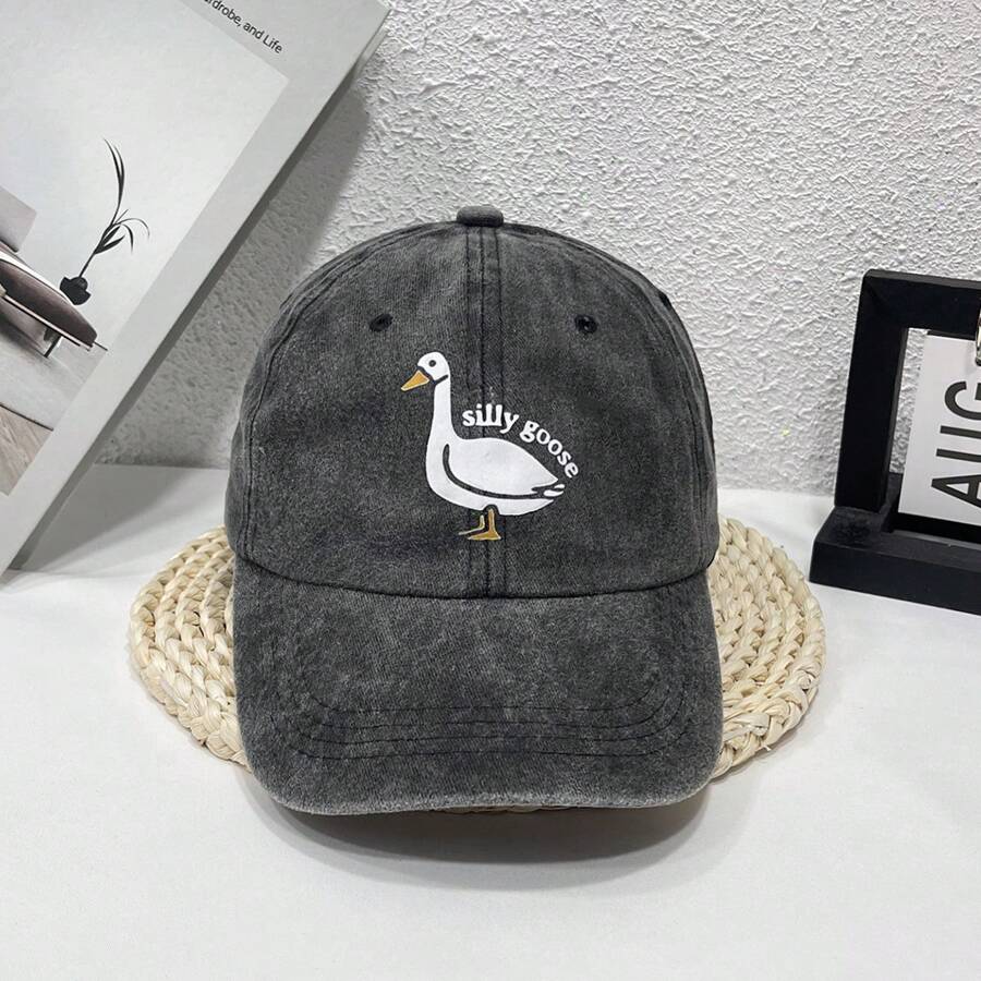 1pc Silly Goose Pattern Printed Washed Denim Baseball Cap For Men & Women, Fashionable & Personalized Hat Street