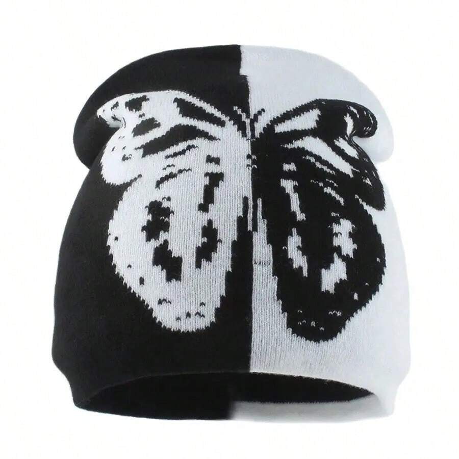 蝴蝶提花無邊針織帽子黑白拼接時尚街頭風格嘻哈帽子女款 - 黑與白 - 查看 1