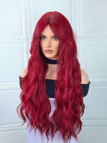 32-Inch Long Curly Wavy Red Wig With Bangs, Natural Looking, Heat-Resistant Fiber Material, Suitable For Girls' Halloween Party - Burgundy - View 5