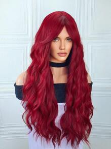32-Inch Long Curly Wavy Red Wig With Bangs, Natural Looking, Heat-Resistant Fiber Material, Suitable For Girls' Halloween Party - Burgundy - View 4