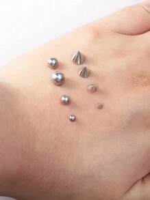 16 件/100 件混合球形和锥形假身体穿孔贴纸，不锈钢无需钻孔鼻环、唇钉、眉毛、脸颊首饰套装