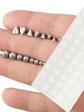 16pcs/100pcs Mixed Ball & Cone Shape Fake Body Piercing Stickers, Stainless Steel No Need Drilling Nose Ring, Lip Stud, Eyebrow, Cheek Jewelry Set