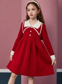ASK JUNIOR 青少年女孩双层撞色领毛衣裙 - 紅色 - 查看 8