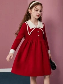 ASK JUNIOR 青少年女孩双层撞色领毛衣裙 - 紅色 - 查看 6