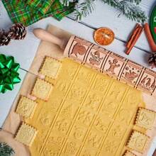 Rodillo De Madera Con Diseño De Trineo Y Reno, 13,7 Pulgadas, Perfecto Para Hacer Galletas Estampadas Con Patrones Impresos, 1 Ud. - Navidad 111 - Ver 3