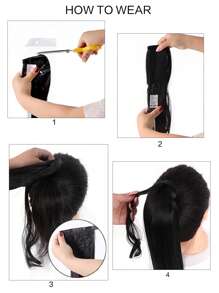 Synthetic Long Straight Black Ponytail Extension Clip in Ponytail Extension Wrap Around Long Straight Hook-and-loop Fastener Pony Tail Hair - Black - View 8