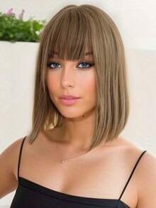 Natural Matte Brown Synthetic Wig Short Straight BOB With Bangs Suitable For Everyday Holiday Party Cosplay Wear - Linen Brown - View 4