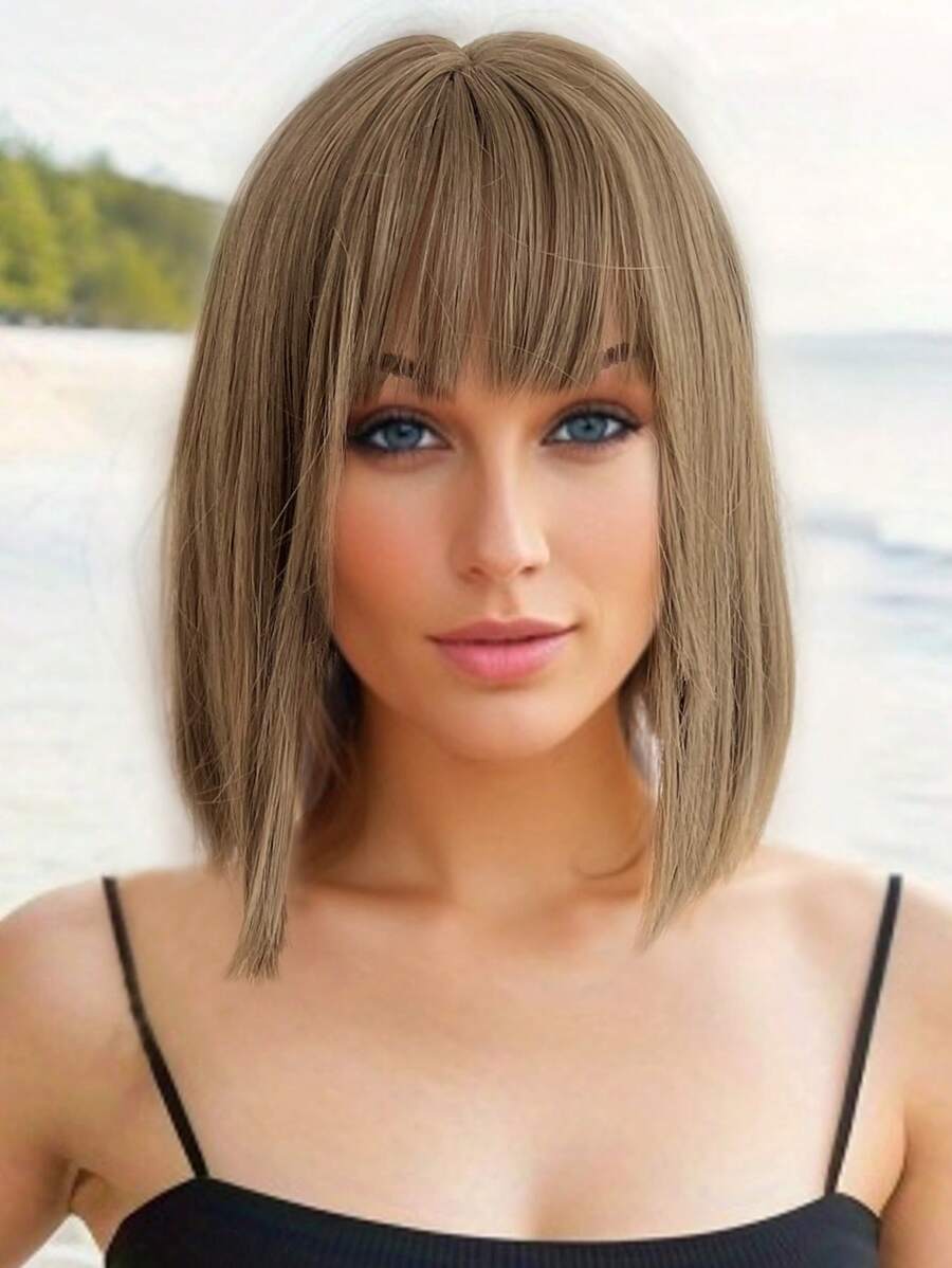 Natural Matte Brown Synthetic Wig Short Straight BOB With Bangs Suitable For Everyday Holiday Party Cosplay Wear - Linen Brown - View 1