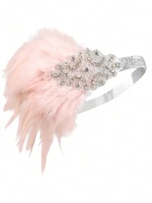 1pc 1920s Gatsby Flapper Style Silver Rhinestone & Glitter Pink Feather Headband Vintage - Pink - View 1