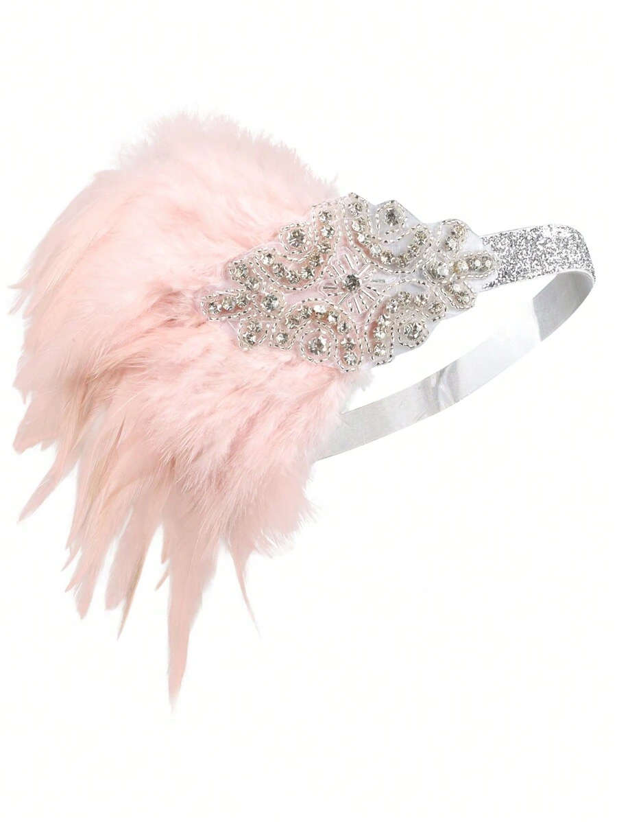 1pc 1920s Gatsby Flapper Style Silver Rhinestone & Glitter Pink Feather Headband Vintage - Pink - View 1