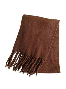 1條女士純色人造羊絨厚實流蘇圍巾,多功能披肩、毛毯、頭巾,適合日常休閒穿著 - 咖啡棕 - 查看 3