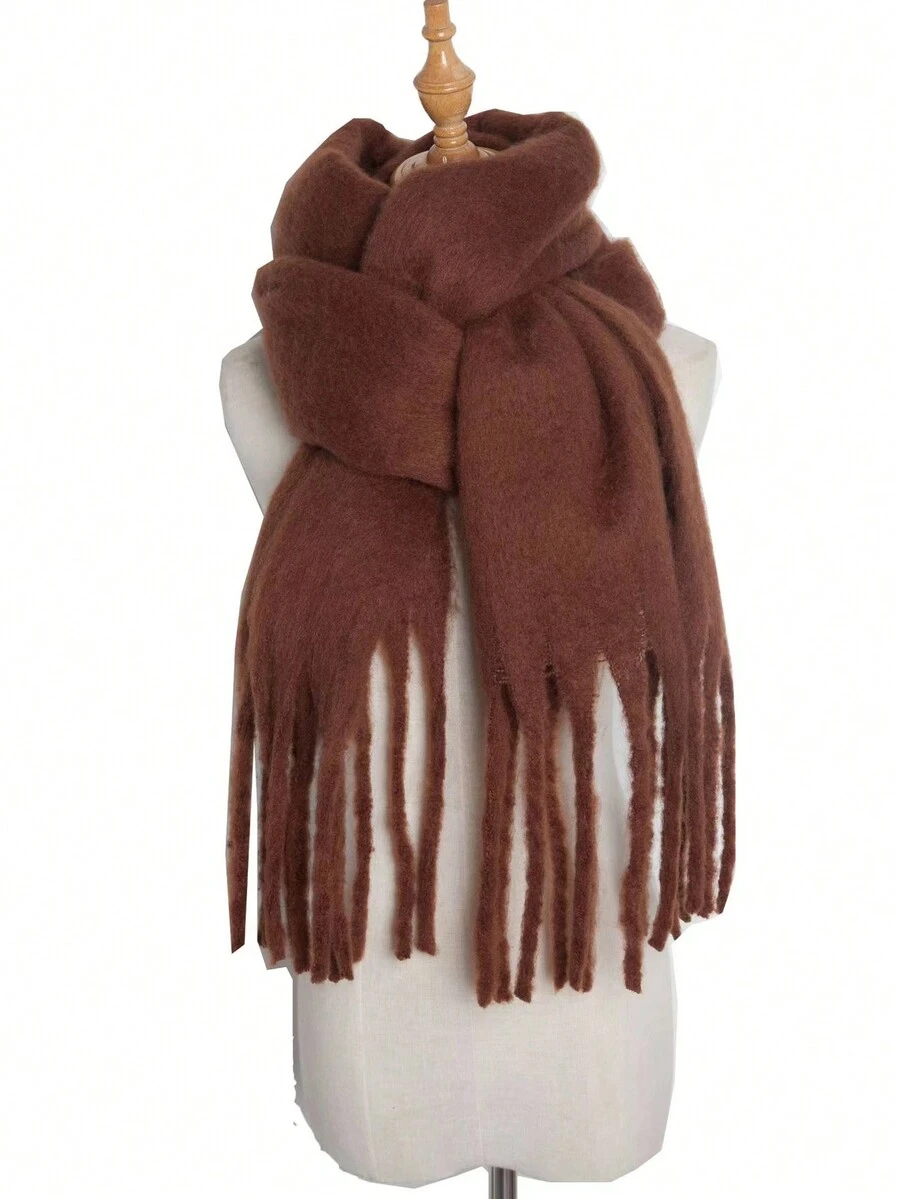 1條女士純色人造羊絨厚實流蘇圍巾,多功能披肩、毛毯、頭巾,適合日常休閒穿著