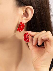 1pair Fashionable Enamel Geometric Stud Earrings, Suitable For Any Occasion - Red - View 2