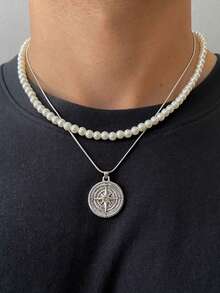 2入組庚風格和指南針吊墜假珍珠層疊男士項鍊，男女適用 - 彩色 - 查看 1