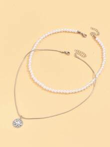 2入組庚風格和指南針吊墜假珍珠層疊男士項鍊，男女適用 - 彩色 - 查看 2