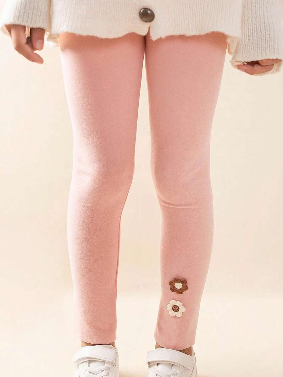 1pc Children's Velvet Single Layer Soft Flower Decorated Leggings Cropped Pants - Pink - View 1