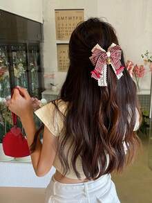 1入聖誕節紅裝飾方格結髮夾胸針雙層花邊小熊可愛髮夾配件