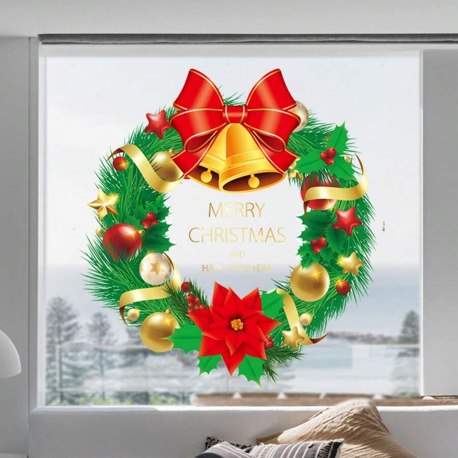 1入組2024年新年裝飾,金色聖誕球靜電貼紙,適用於窗戶,客廳,臥室牆壁