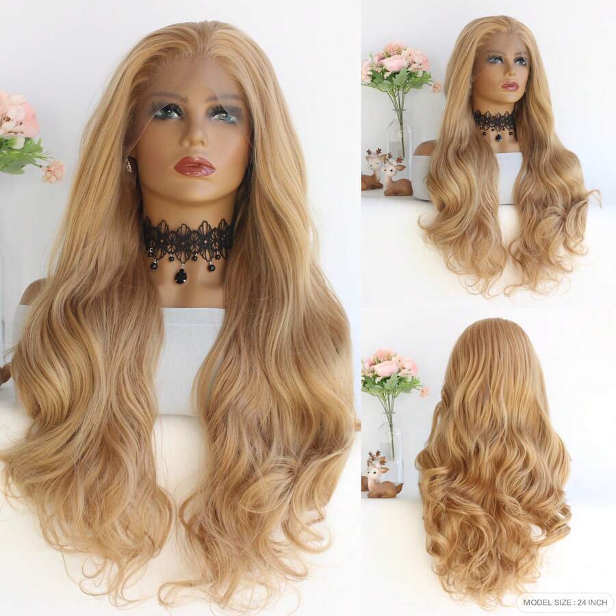 時尚淺啡色長波浪髮龍衣皇后人體波浪合成蕾絲前胸假髮,適用於耐熱纖維頭髮cosplay派對日常假髮24英寸