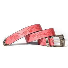 1個粉色復古埃及風格的帶子,帶有扣子,砂漿花印花腰帶,適用於夏季襯牛仔褲配飾 - 粉色 - 查看 6