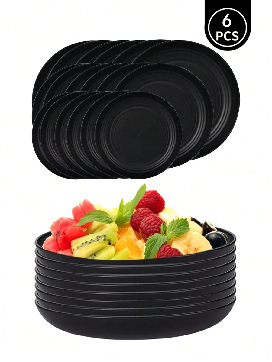 6pcs Black Plastic Dinner Plates (8/9/10 Inches, Various Sizes For