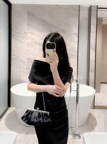 Túi buổi tối bằng vải satin tinh tế của Moonlit EveBag có trang trí bằng kim cương giả, túi ly hợp, túi dự tiệc, túi vũ hội, túi xách dây xích - màu đen - Xem 7