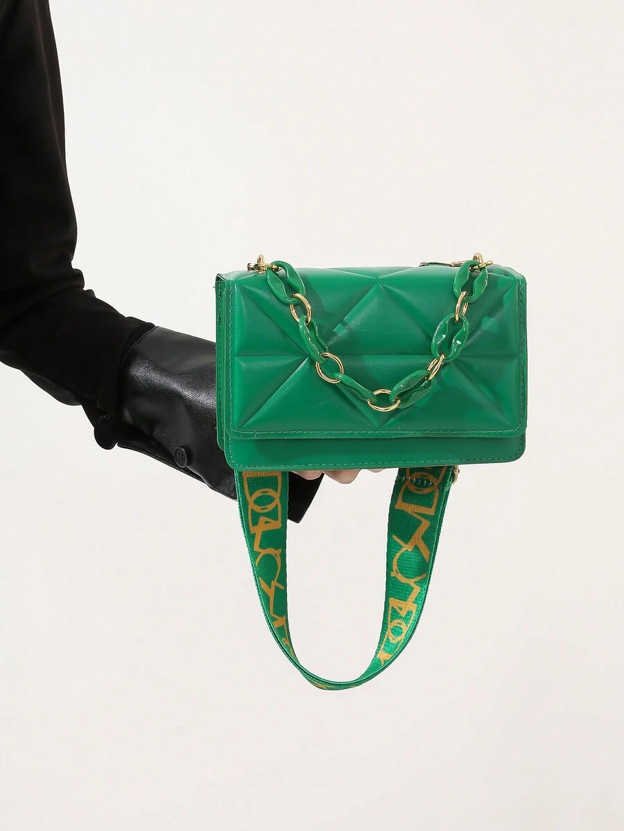 女士時尚極簡設計壓花迷你格子流蘇包,鋪棉手提包 - 綠色 - 查看 1